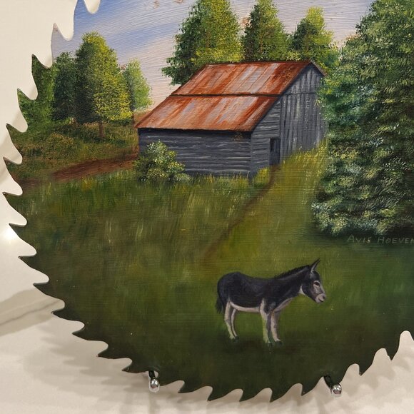 Vintage Folk Art Hand-Painted 9" Circular Saw Blade with Donkey & Old Barn - Picture 3 of 6